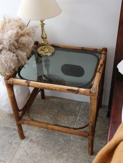 table bambou vintage, verre fumé aglaé n°01-1