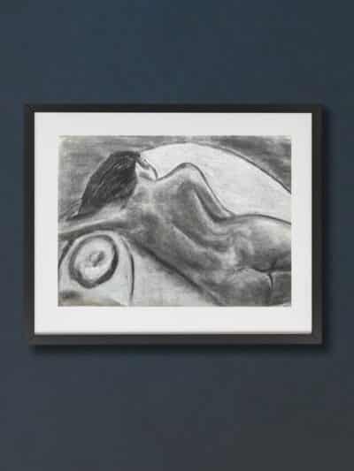 dessin au fusain, femme nue, signé